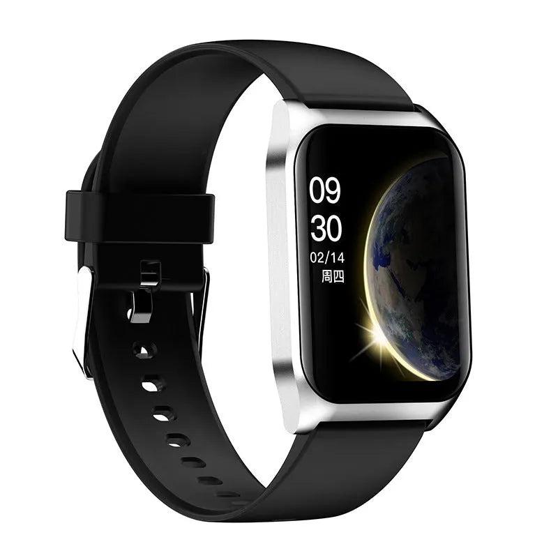 Black smart watch with 1.69-inch screen and silicone strap on a wrist, displaying a heart rate graph.