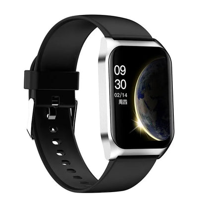 Black smart watch with 1.69-inch screen and silicone strap on a wrist, displaying a heart rate graph.