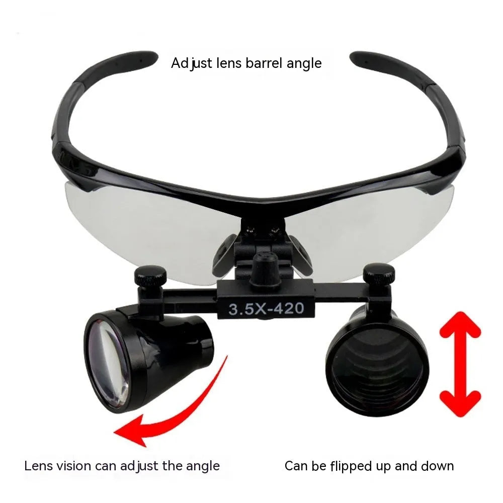 Black plastic head-mounted LED magnifying glass with 3.5X magnification lens for dental and close-up work