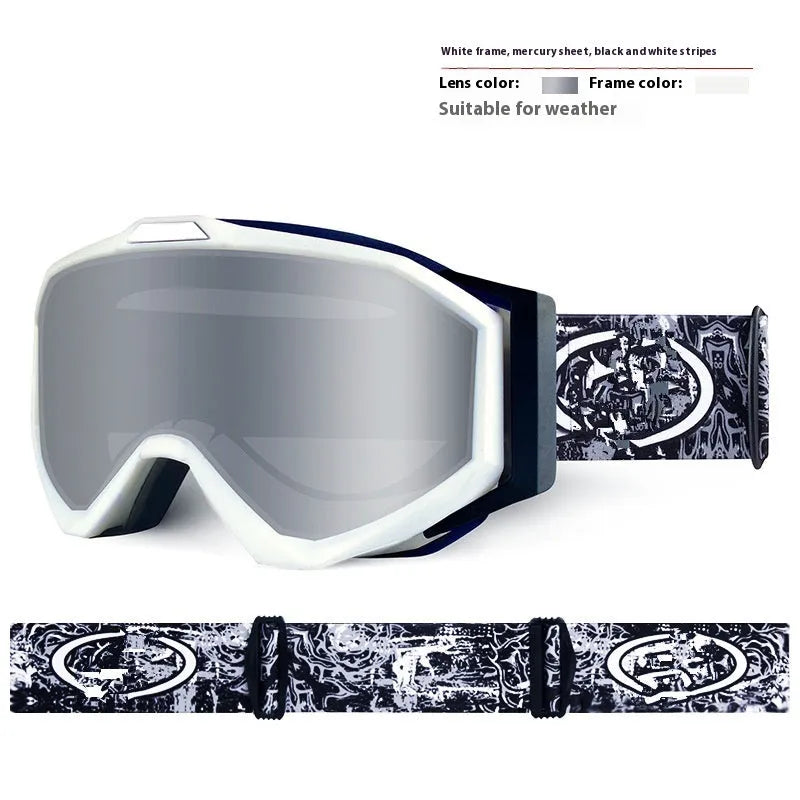 Motorcycle goggles with double-layer anti-fog lens and black TPU frame on a storage cloth bag.