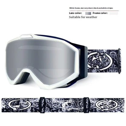 Motorcycle goggles with double-layer anti-fog lens and black TPU frame on a storage cloth bag.