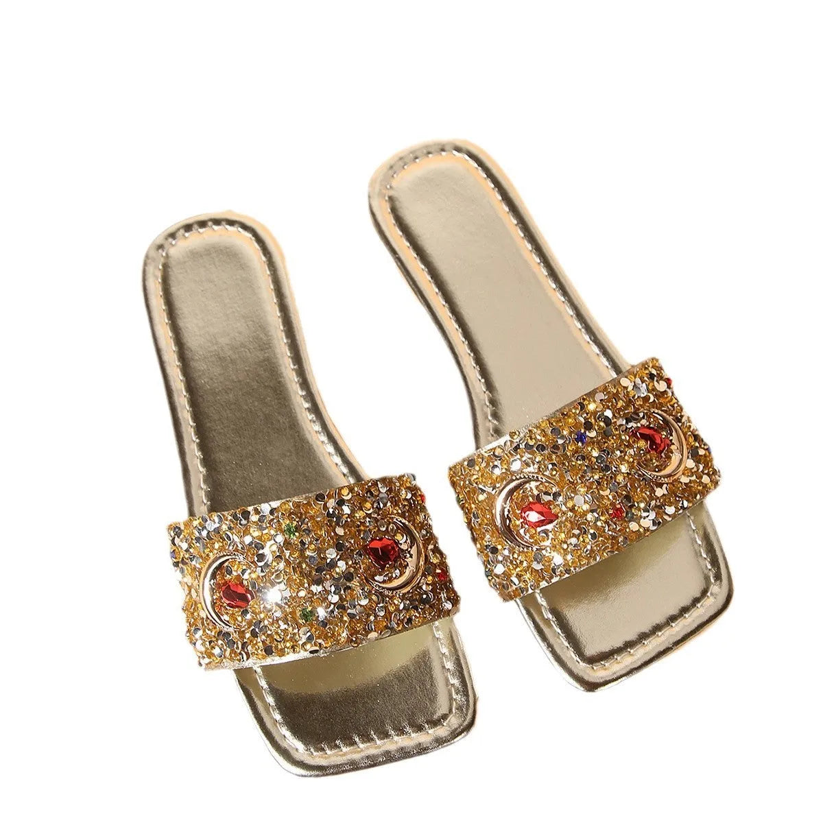 Gold women's slippers with sparkling rhinestone and sequin decoration on the PU upper.