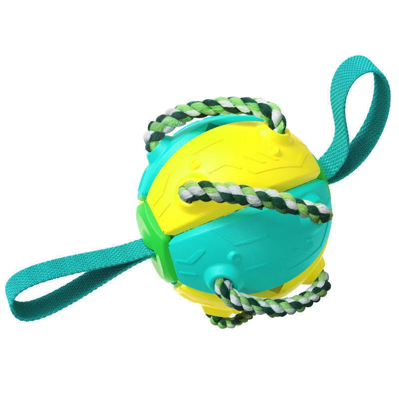 Versatile Frisbee-style dog toy with a unique shape-shifting design that transforms from a sphere to a flat Frisbee mid-flight, providing endless entertainment and exercise for your furry friend.