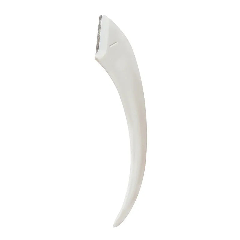 A curved moon-shaped eyebrow trimming knife and a cutting comb on a white background.