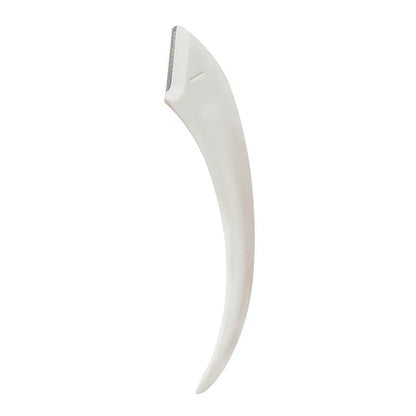 A curved moon-shaped eyebrow trimming knife and a cutting comb on a white background.