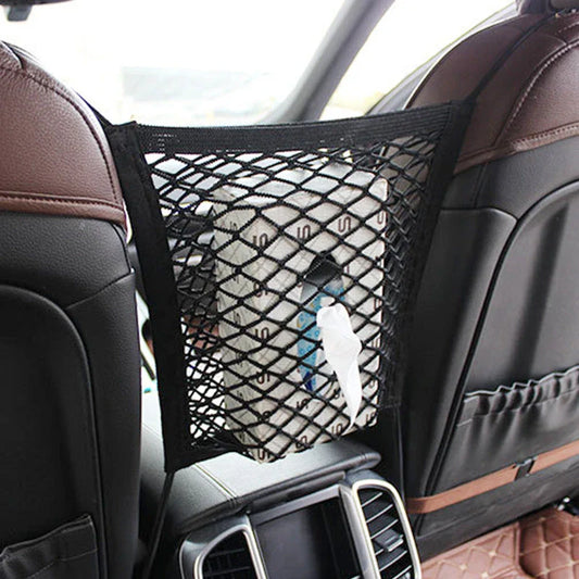 Premium car backseat organizer net made of durable polyester mesh, designed to hold essentials and separate pets/kids for a tidy, organized vehicle.