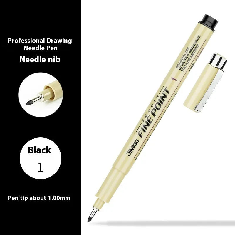 Waterproof black ink needle pen with cartoon syringe drawing on its 133mm plastic body.