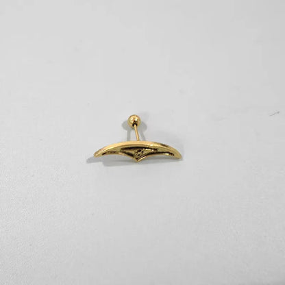 Close-up of a geometric spider web design on a gold-toned metal stud earring.