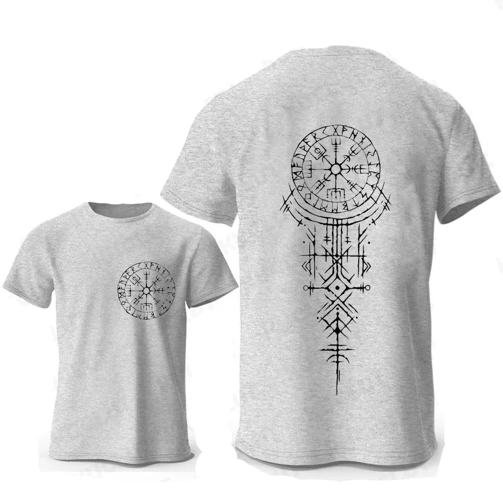 Men's grey cotton T-shirt with a detailed Viking rune compass graphic on the chest.