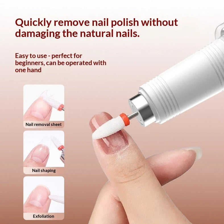 Blush pink electric nail grinder with LED light and six attachment heads on white background