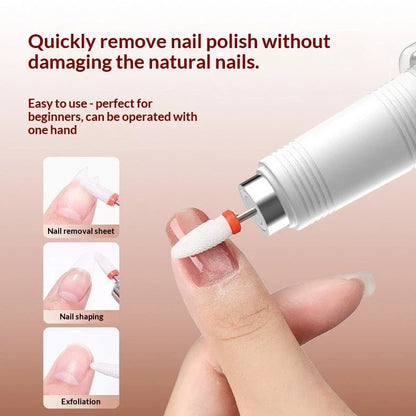 Blush pink electric nail grinder with LED light and six attachment heads on white background