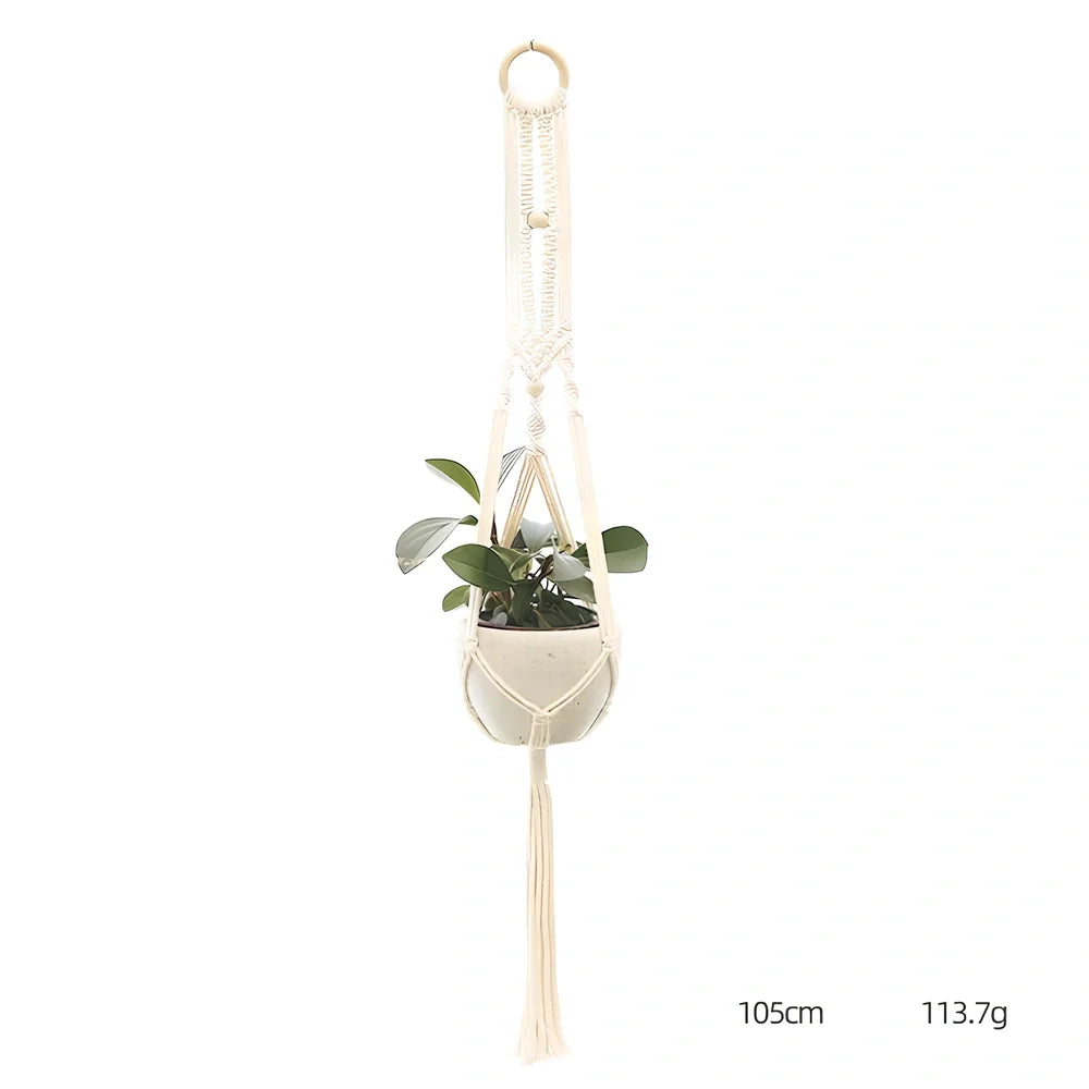 Hand-knitted cotton flowerpot net bag showing intricate pattern and hanging installation with plant