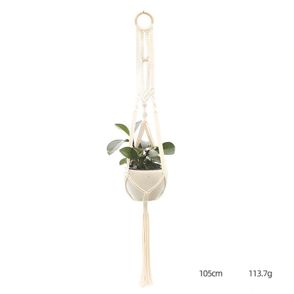 Hand-knitted cotton flowerpot net bag showing intricate pattern and hanging installation with plant