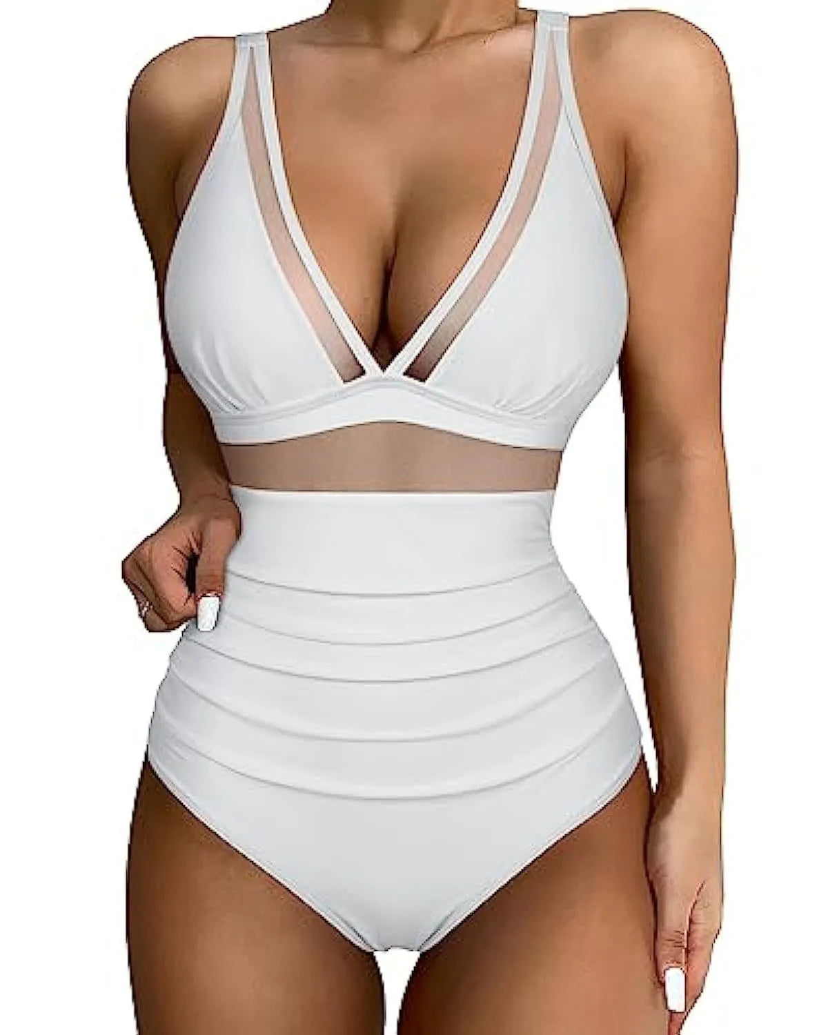 Women's high waist one-piece swimsuit in quick-dry polyester fabric, backless design