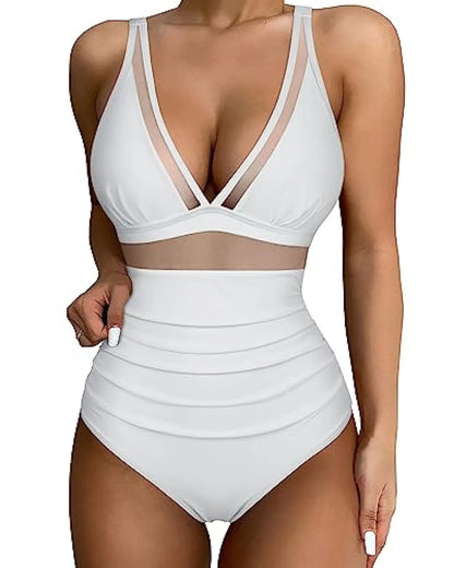 Women's high waist one-piece swimsuit in quick-dry polyester fabric, backless design