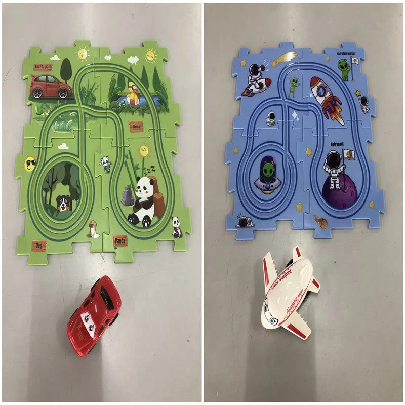 DIY Electric Railroad Speeder Toy with puzzle tracks and automatic car