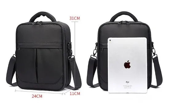Black men's messenger shoulder bag made from Oxford fabric showing its structured shape and shoulder strap.