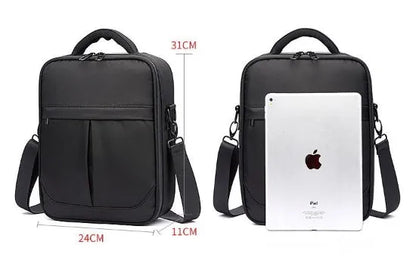 Black men's messenger shoulder bag made from Oxford fabric showing its structured shape and shoulder strap.