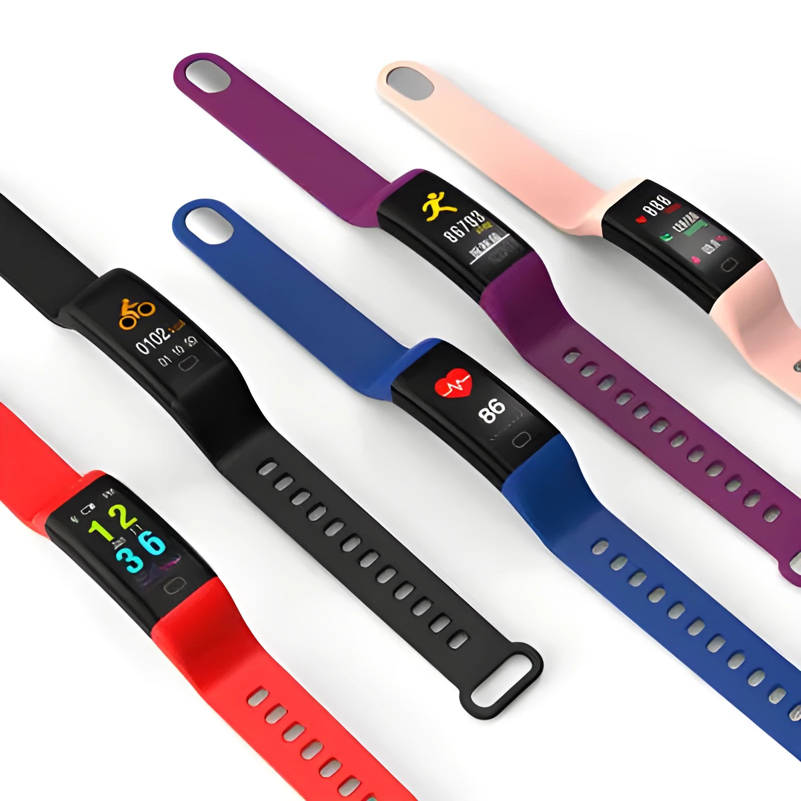 Black smart fitness band with large rectangular OLED screen displaying workout stats, on a wrist.