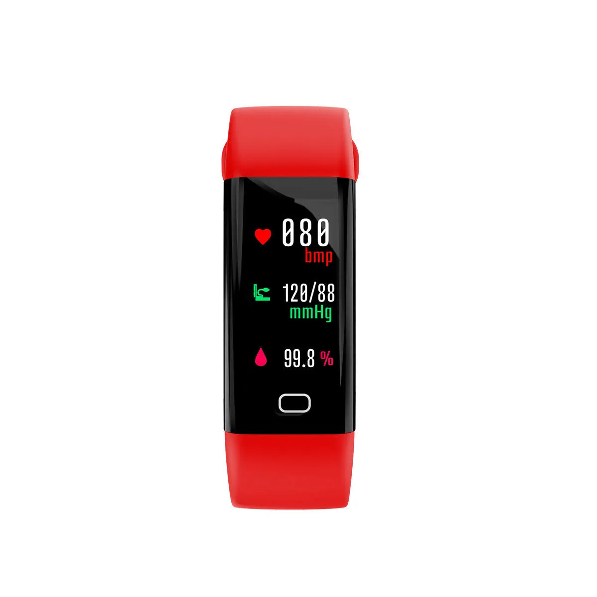Black smart fitness band with large rectangular OLED screen displaying workout stats, on a wrist.
