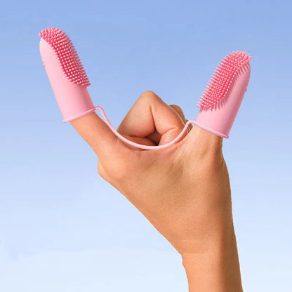 Pet dental finger cleaning set with double brush design in TPR material for tooth stain removal