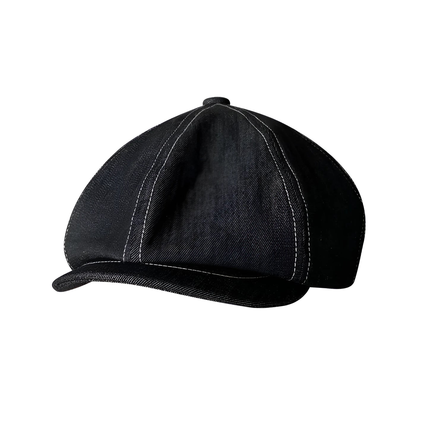 Black Japanese denim cotton beret hat showing octagonal cap style on neutral background