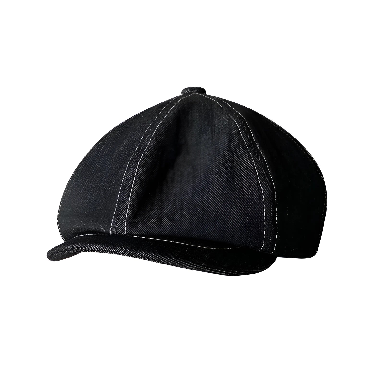Black Japanese denim cotton beret hat showing octagonal cap style on neutral background