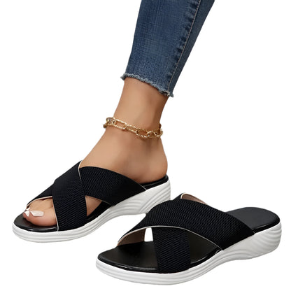 Black women's flat wedge slippers with a peep-toe fish mouth design and thick rubber sole