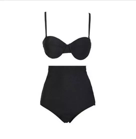 Black retro high waist bikini swimsuit with adjustable straps
