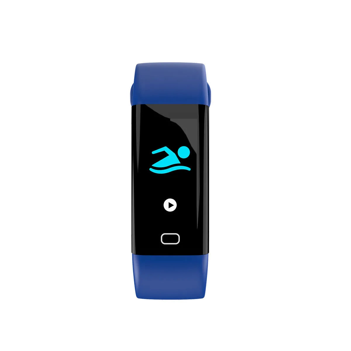 Black smart fitness band with large rectangular OLED screen displaying workout stats, on a wrist.