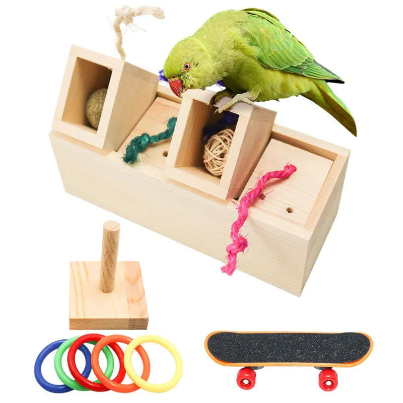 Wooden parrot puzzle training toy set showing pieces from the 3, 6 and 8 piece configurations.