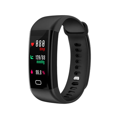 Black smart fitness band with large rectangular OLED screen displaying workout stats, on a wrist.