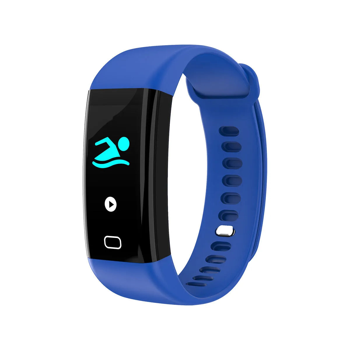 Black smart fitness band with large rectangular OLED screen displaying workout stats, on a wrist.