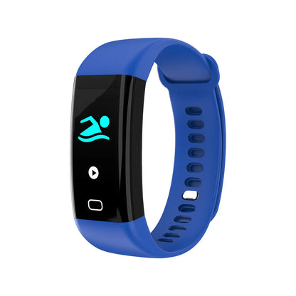Black smart fitness band with large rectangular OLED screen displaying workout stats, on a wrist.