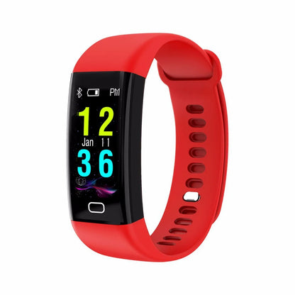 Black smart fitness band with large rectangular OLED screen displaying workout stats, on a wrist.