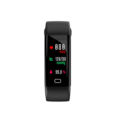 Black smart fitness band with large rectangular OLED screen displaying workout stats, on a wrist.