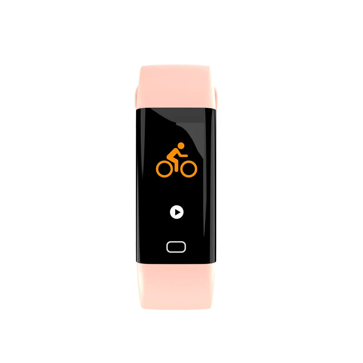 Black smart fitness band with large rectangular OLED screen displaying workout stats, on a wrist.