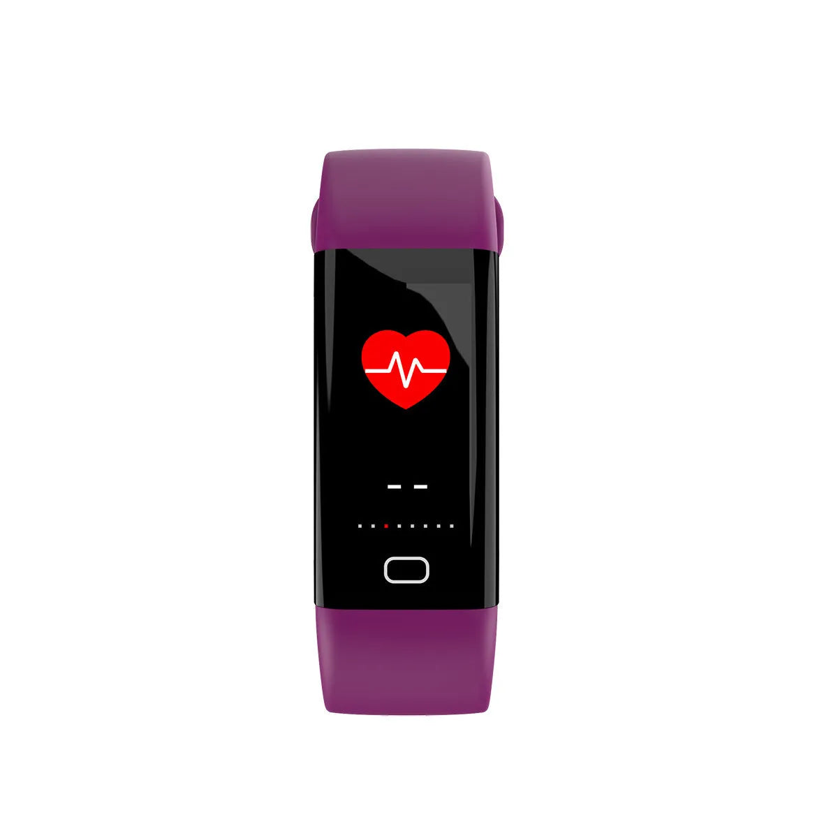Black smart fitness band with large rectangular OLED screen displaying workout stats, on a wrist.