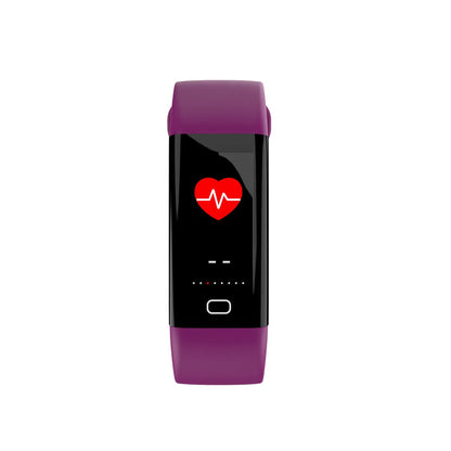 Black smart fitness band with large rectangular OLED screen displaying workout stats, on a wrist.
