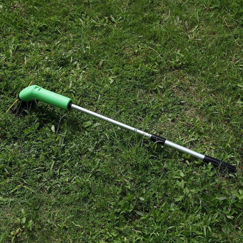Cordless lawn trimmer with extension pole and debris shield for garden maintenance