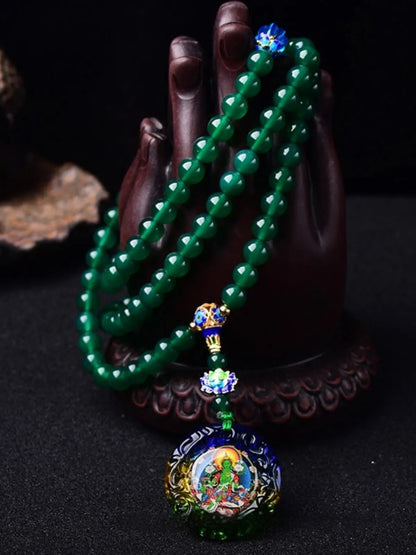 Green agate multi-circle bracelet with 108 beads and a pendant, showing Buddha beads or Thangka style options.