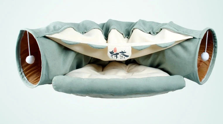 Collapsible cat tunnel with mat for play and rest, available in multiple colours