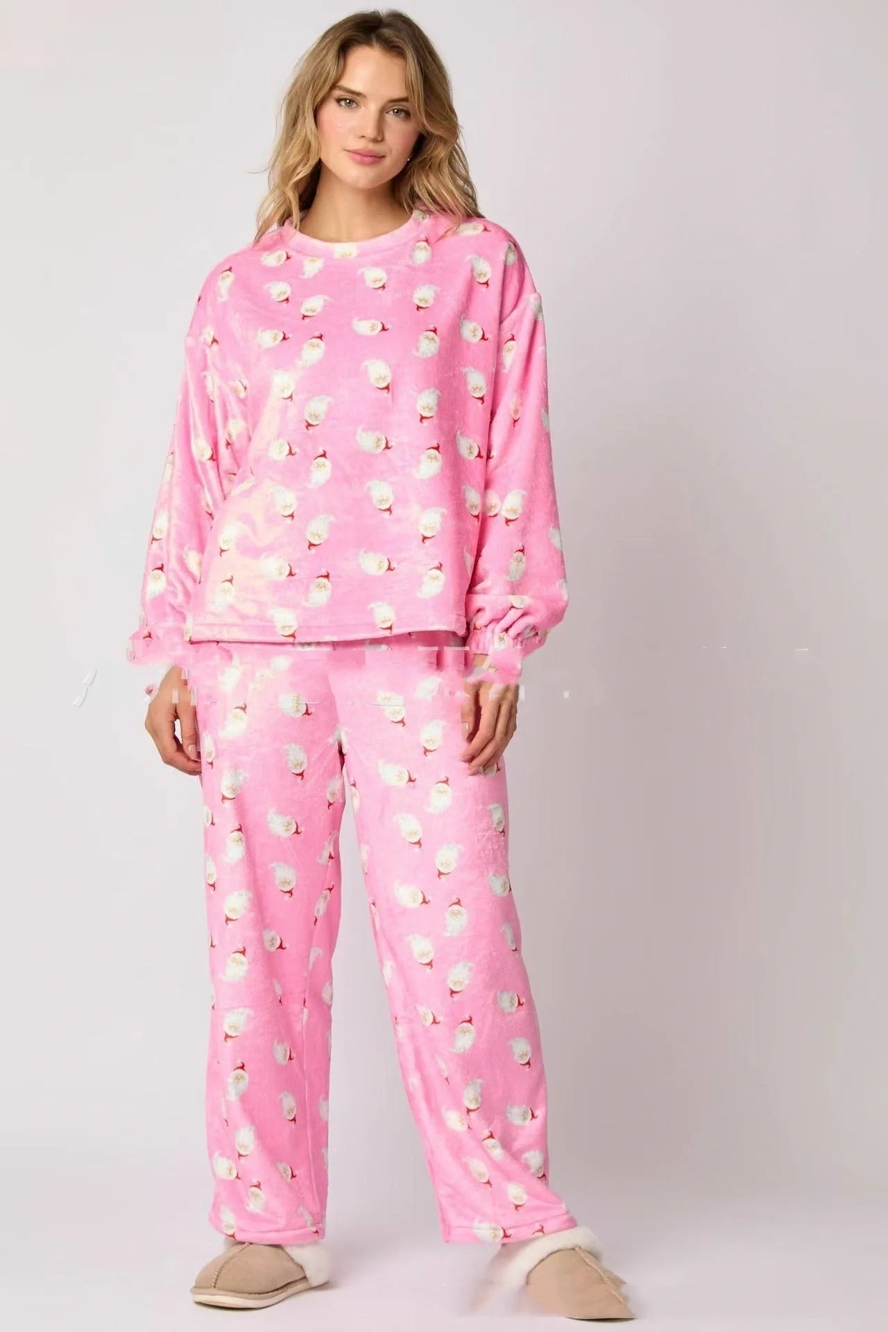 2024 women's flannel pajama set with Santa Claus design and long sleeves