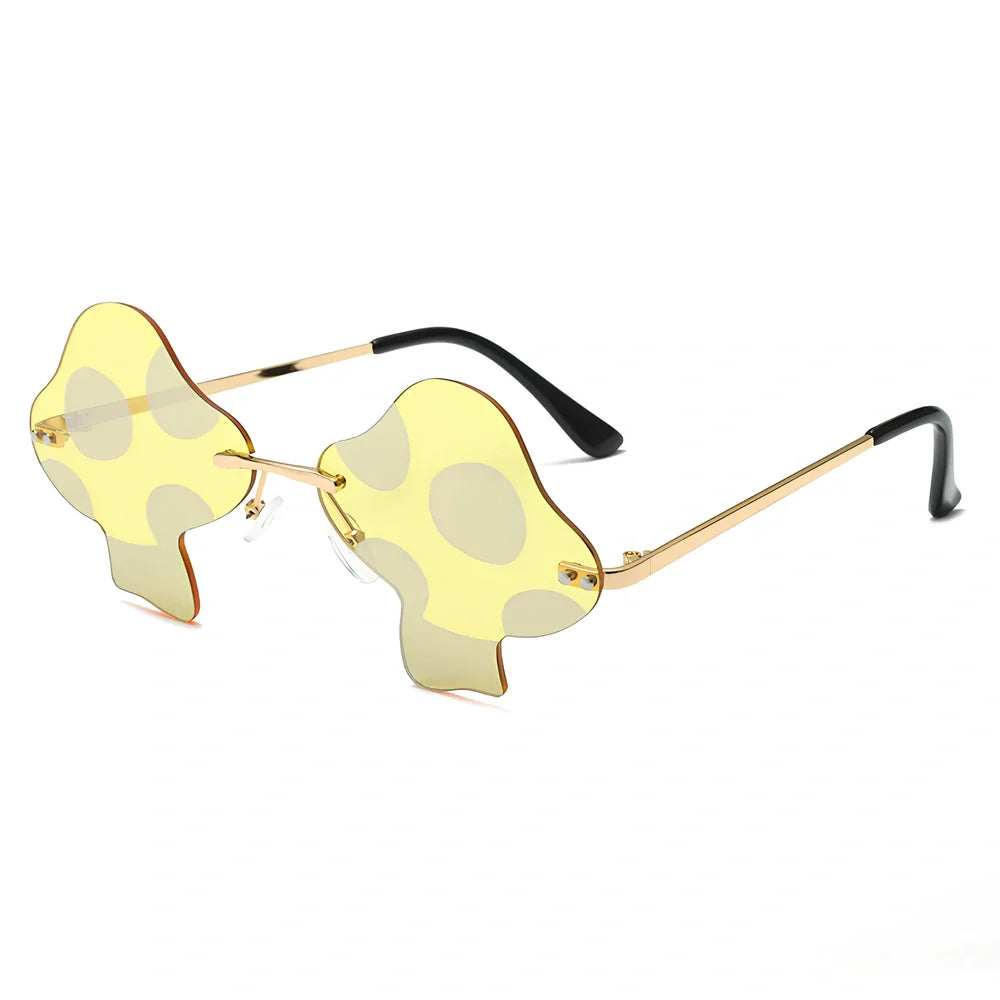 Gold rimless mushroom sunglasses with blue polycarbonate lenses showing 60-port sizing system