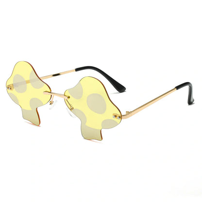 Gold rimless mushroom sunglasses with blue polycarbonate lenses showing 60-port sizing system