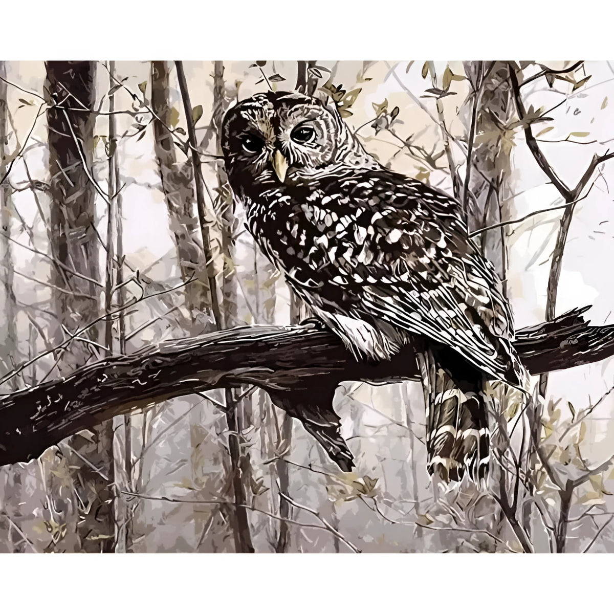 Owl digital painting by numbers kit with canvas, acrylic paints, and brushes for DIY wall art