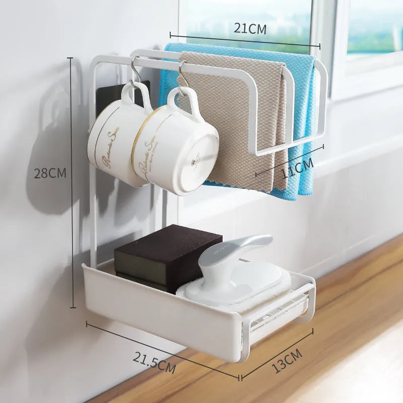 Gold wall mounted sponge holder with removable drip tray holding brushes and soap