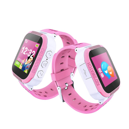 Blue and pink children's phone watch with 1.44 inch IPS screen showing Chinese or English interface