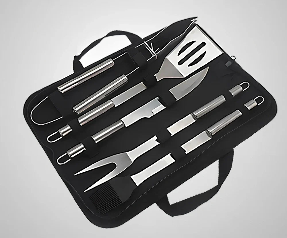 Silver 10-piece stainless steel BBQ tool set with shovel, fork, clip, strings, brush, and tote bag, sized 40x16.5x6cm for outdoor use