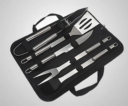 Silver 10-piece stainless steel BBQ tool set with shovel, fork, clip, strings, brush, and tote bag, sized 40x16.5x6cm for outdoor use
